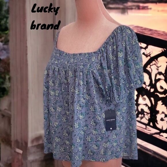 LUCKY BRAND NWT OFF THE SHOULDER TOP BLOUSE SHORT BALLOON SLEEVES FLORAL PRINT - Picture 2 of 8